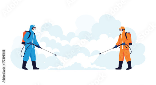 Two workers in protective suits disinfecting the area.