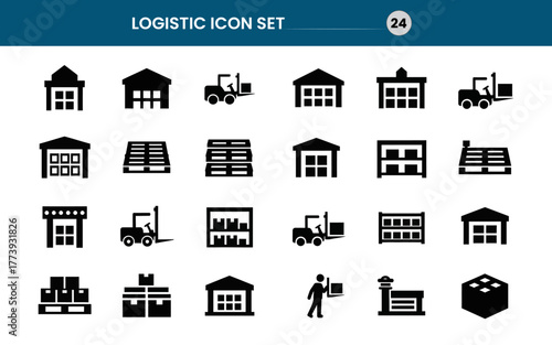 Collection of black logistic icons representing warehousing transportation and delivery services