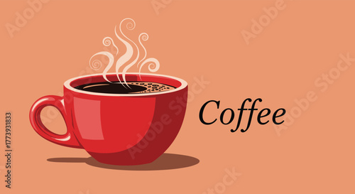 Steaming red coffee cup on a light brown background.