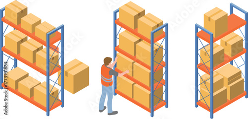 Isometric warehouse illustration showing worker organizing cardboard boxes on metal storage racks, logistics inventory management and supply chain concept