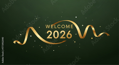Celebrate the arrival of the new year with a radiant golden ribbon, elegantly dancing across a deep emerald backdrop, welcoming 2026 with style and sophistication.  vector illustration