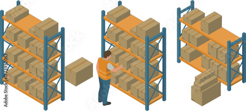 Isometric warehouse illustration showing worker organizing cardboard boxes on metal storage racks, logistics inventory management and supply chain concept