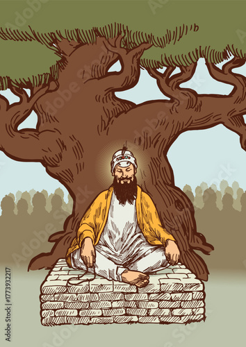 Guru Tegh Bahadur sitting under the tree surrounded by his followers. Vintage vector illustration.