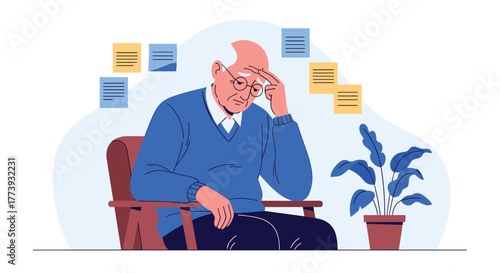 Elderly man with glasses and memory issues sitting in chair.