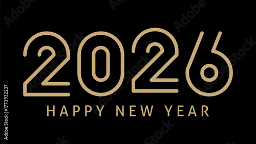 Elegant golden 2026 Happy New Year typography on black background. Modern minimalist style perfect for greeting cards, posters, banners, and festive celebration designs.