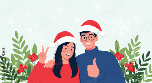 Christmas couple smiling and celebrating the holiday season.
