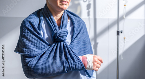 Man with broken arm in blue scarf sling standing in hospital  