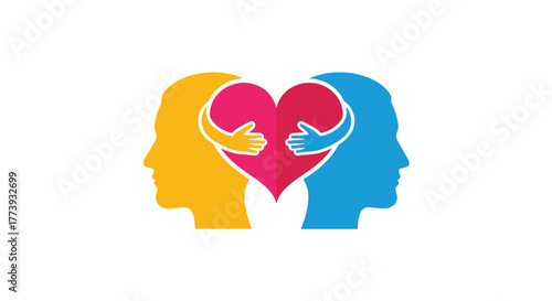 Two human heads embracing a heart representing love and care.