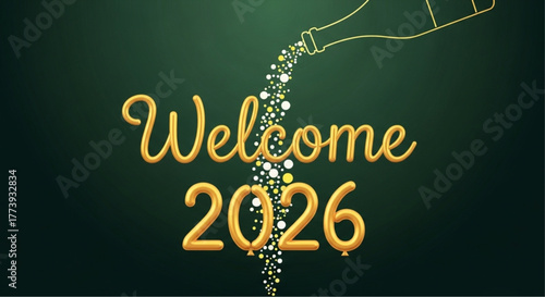 The advent of 2026 is greeted with jubilant anticipation, as effervescent golden bubbles flow from a champagne bottle, cascading gracefully down. vector illustration