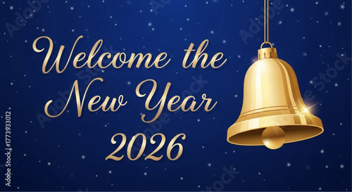 A shimmering golden bell heralds the arrival of the new year, suspended against a deep blue starry sky, conveying messages of hope and celebration for the upcoming year. vector illustration
