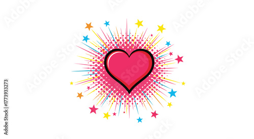 Pink heart with starburst design on white background.