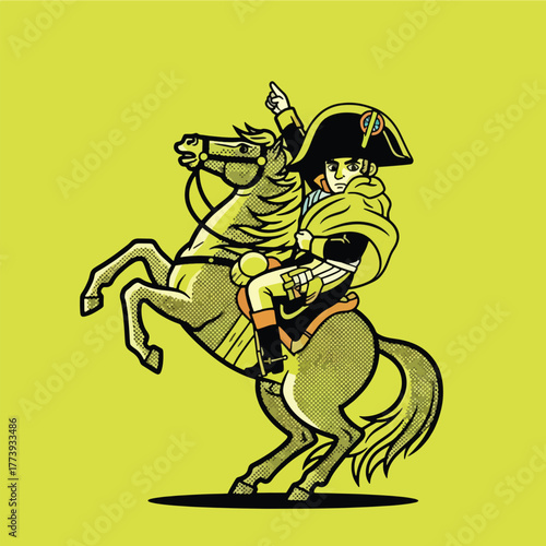 Stylized cartoon of napoleon bonaparte on a rearing horse