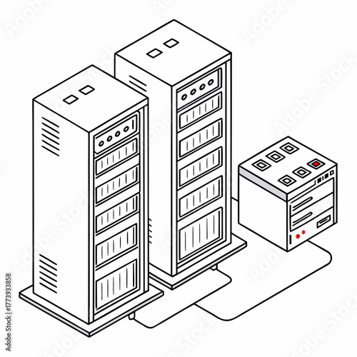 Isometric view of computer server racks and a desktop unit technology data center