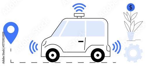 Autonomous vehicle emits wireless signals map location marker, cog, and plant with dollar signify tech, navigation, growth. Ideal for AI, innovation, transport, economy sustainability automation