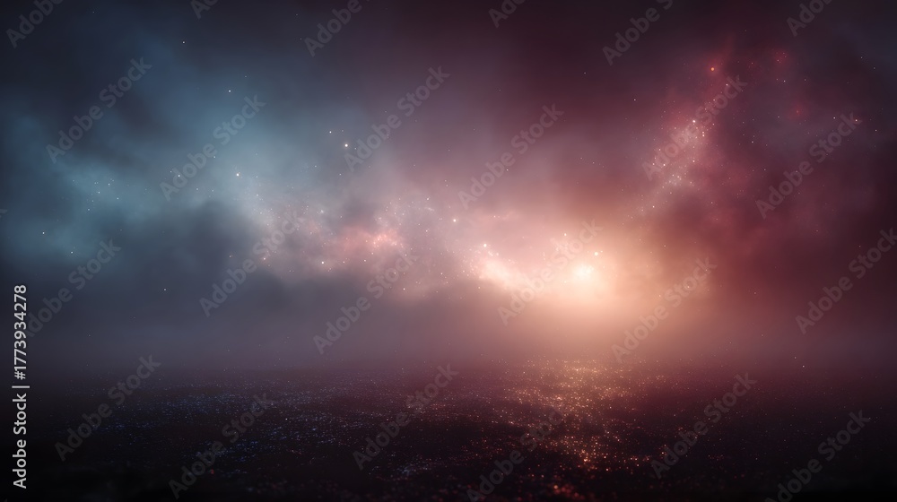 Naklejka premium A vast cosmic nebula with radiant clusters and colorful gases shrouded in atmospheric haze and reflecting on a misty surface