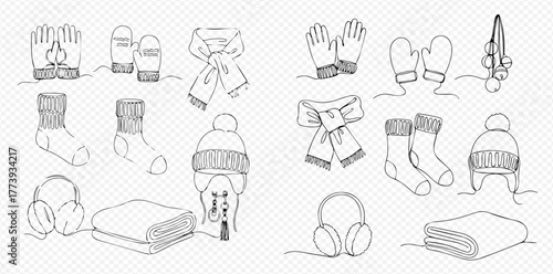 A collection of continuous line art drawings depicting various winter clothing and accessories like gloves, scarves, hats, socks, headphones, and a blanket.