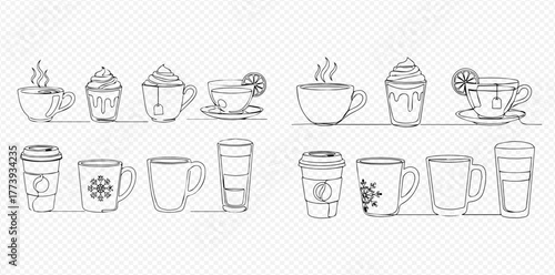 Collection of hand-drawn doodle style cups, mugs, and glasses for different drinks.