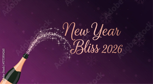 Festive celebration of New Year's 2026 a luxurious champagne bottle explodes with celebratory bubbles. Sparkling joy and anticipation for the coming year. vector illustration