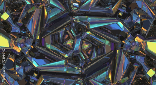 Colorful blue abstract background with computer mouse and glass of water surrounded by shiny festive decorations and ribbons