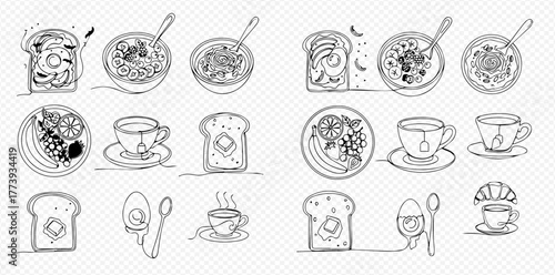 Hand-drawn line art illustrations of various breakfast foods and drinks, including toast, cereal, tea, coffee, and eggs, on a checkered background.