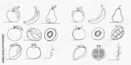 Continuous line art drawing of various fresh fruits collection including apple, banana, pear, orange, kiwi, mango, and pomegranate on a transparent background.
