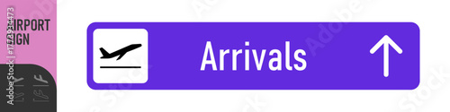 Airport Sign. Arrivals, departures, baggage and transfer - information board signs. Check in, information panel on the direction of arrivals and departures at airports. Takeoff and landing airplane