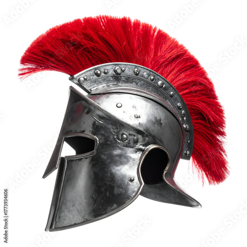Ancient Armor's Emblem: A polished, silver helmet with vibrant red plume, standing as a timeless symbol of valor, strategy, and historical resilience.