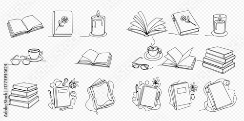 Set of hand-drawn line art illustrations depicting books, reading accessories, and cozy elements like candles and coffee cups, perfect for literature and education themes.