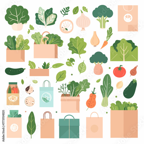 Assortment of fresh green leafy vegetables root vegetables and ecofriendly shopping bags illustration.