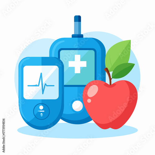 Blue Medical Devices Glucometer Heart Monitor and Fresh Red Apple for Health.