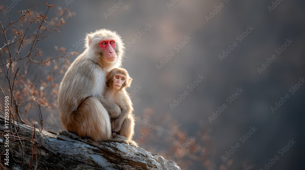 Naklejka premium Adult primate cradles young offspring while sitting upon rugged natural surface outdoors