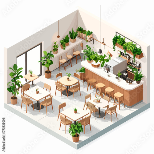 Isometric 3D illustration of a modern bright cafe interior with abundant green plants wooden furniture and a curved service bar.