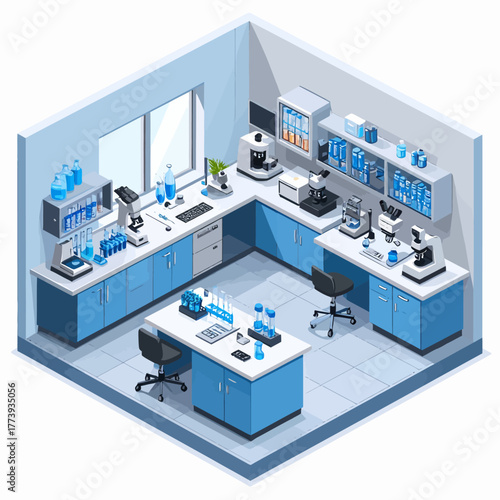 Isometric Illustration of a Modern Laboratory with Scientific Equipment and Instruments.