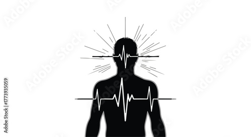 Silhouette of a human head with a vibrant heartbeat line and radiating energy, symbolizing health and life.