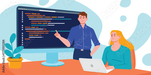 Two People Learning Coding Together on Computer and Laptop