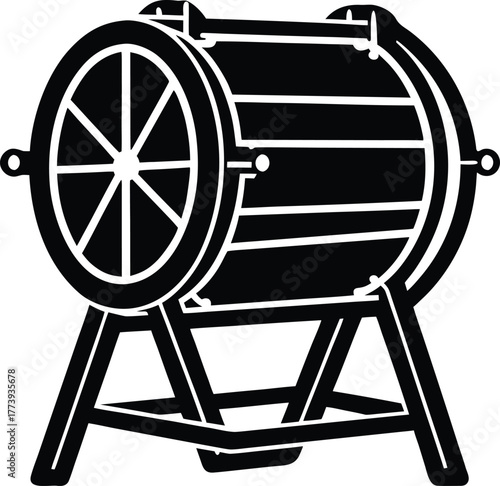 Rotating industrial coffee roasting drum flat vector silhouette