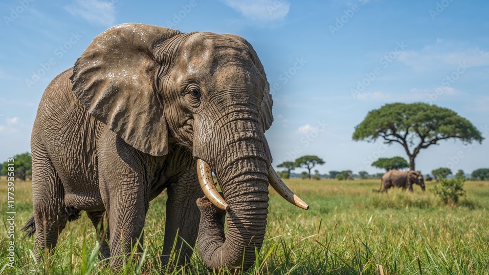 Obraz premium Elephant in the wild with grasslands and trees, wildlife scene, nature and animals, safari and conservation, the concept of wildlife habitat and ecosystem.