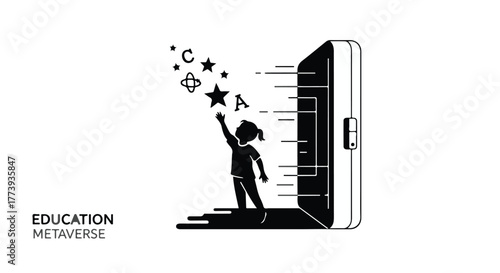 Child reaching for stars and letters emerging from a digital portal, symbolizing online education and learning.