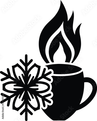 Split coffee cup flame snowflake silhouette vector white background.