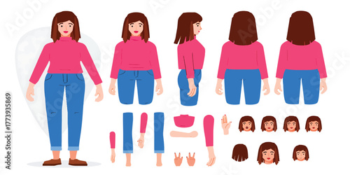 Vector Female Character Constructor Kit with Diverse Poses and Body Parts for Animation and Graphic Design Projects