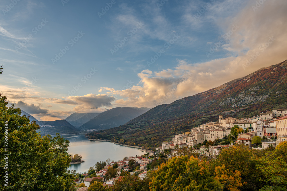 Fototapeta premium Barrea and its lake. Abruzzo. Spectacular autumn panorama