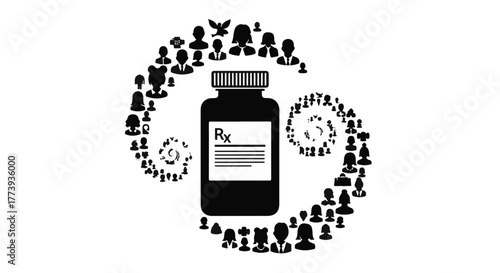Medical prescription bottle surrounded by a swirling community of diverse people icons.