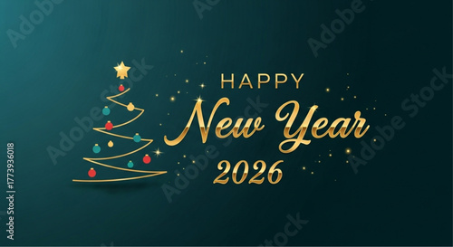 A festive New Year's 2026 greeting design, rendered in opulent gold, featuring an elegant Christmas tree. This piece captures the spirit of the upcoming year. vector illustration