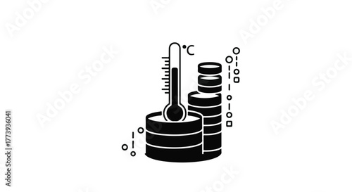 Thermometer on stacked coins with data icons, symbolizing financial temperature or market volatility