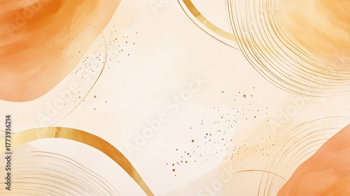 Abstract watercolor illustration featuring warm orange and gold tones with flowing shapes and lines, creating a vibrant and dynamic composition with copy space for design