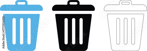 Set of Minimal Trash Bin Icons in Blue, Black, and Outline Styles, Ideal for UI Delete Functions.