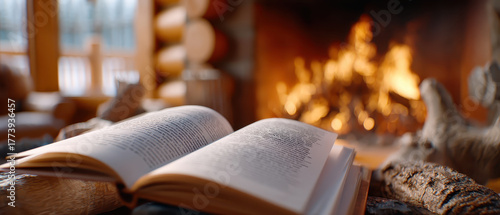 Open book near fireplace with warm cozy atmosphere perfect for family dinner during christmas season in rustic wooden cabin setting