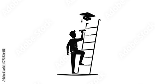 Silhouette of a person climbing a ladder towards a graduation cap, symbolizing ambition and future success.