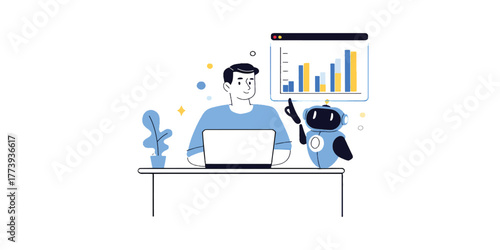 Business analysis with a chart, robot, and man teamwork and success