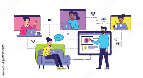 A vibrant illustration depicts a diverse group of people engaged in a virtual meeting or online collaboration, using laptops and screens to connect for business or education purposes.
